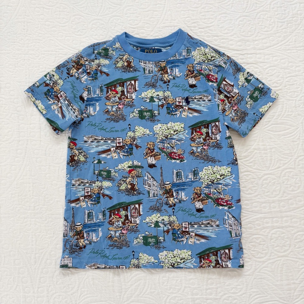 Ralph Lauren Boy's Polo Bear‎ Paris-Print Cotton Jersey Tee Sz S 8